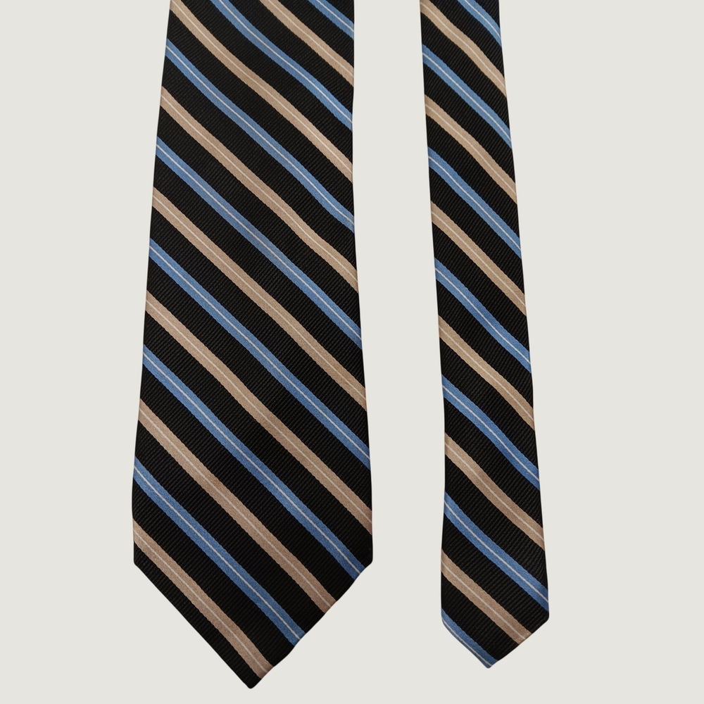 Chaps Men's Silk Necktie Black Blue Tan Gold Striped Classic Professional Tie